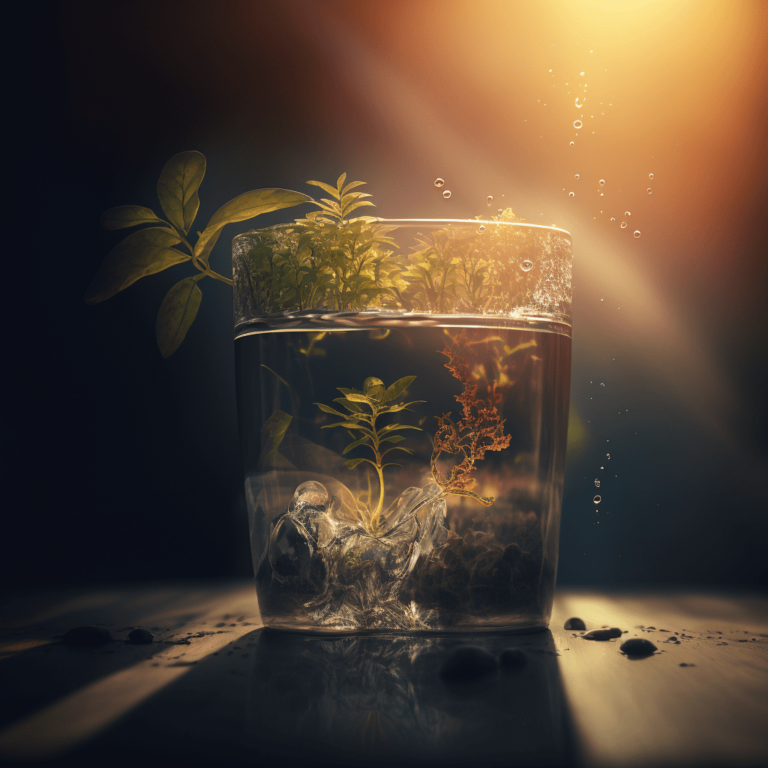 Питьевая вода в стакане на фоне солнца с растением